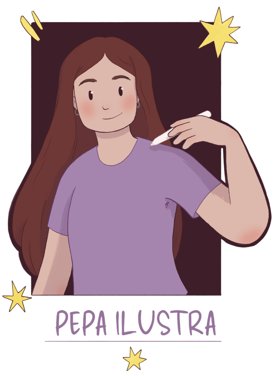 Logotipo de Pepa Ilustra: ilustración de una joven con cabello largo y lápiz digital rodeada de estrellas amarillas sobre fondo oscuro.